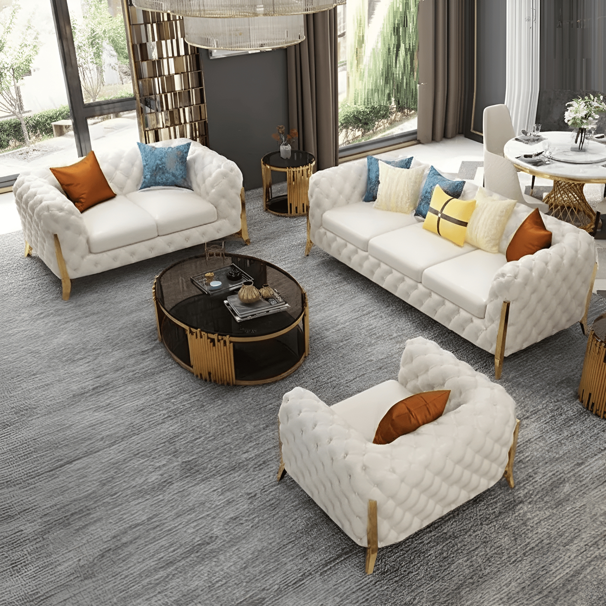 Sofa Set with Slatted Gold Base and Leather Like Finish Seating