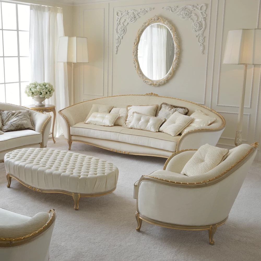 Sofa Set with Tufted Ottoman and Gilded Curved Sofa