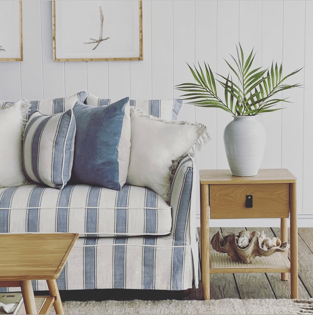 Sofa Skirted Base Fringed Texture Hamptons Blue Stripe Sofa