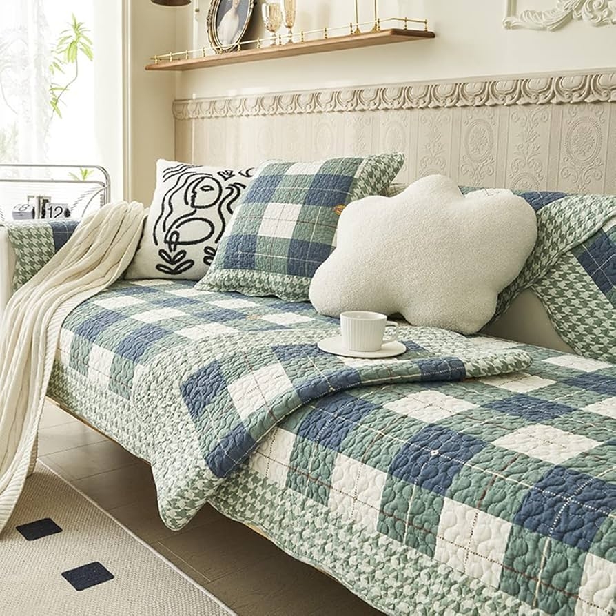 Sofa Slipcover with Plaid Quilted Texture and Houndstooth Trim