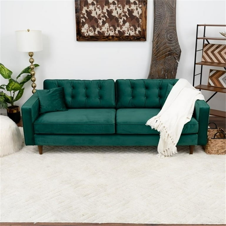Sofa: Tapered Wood Legs and Tufted Emerald Velvet Seating