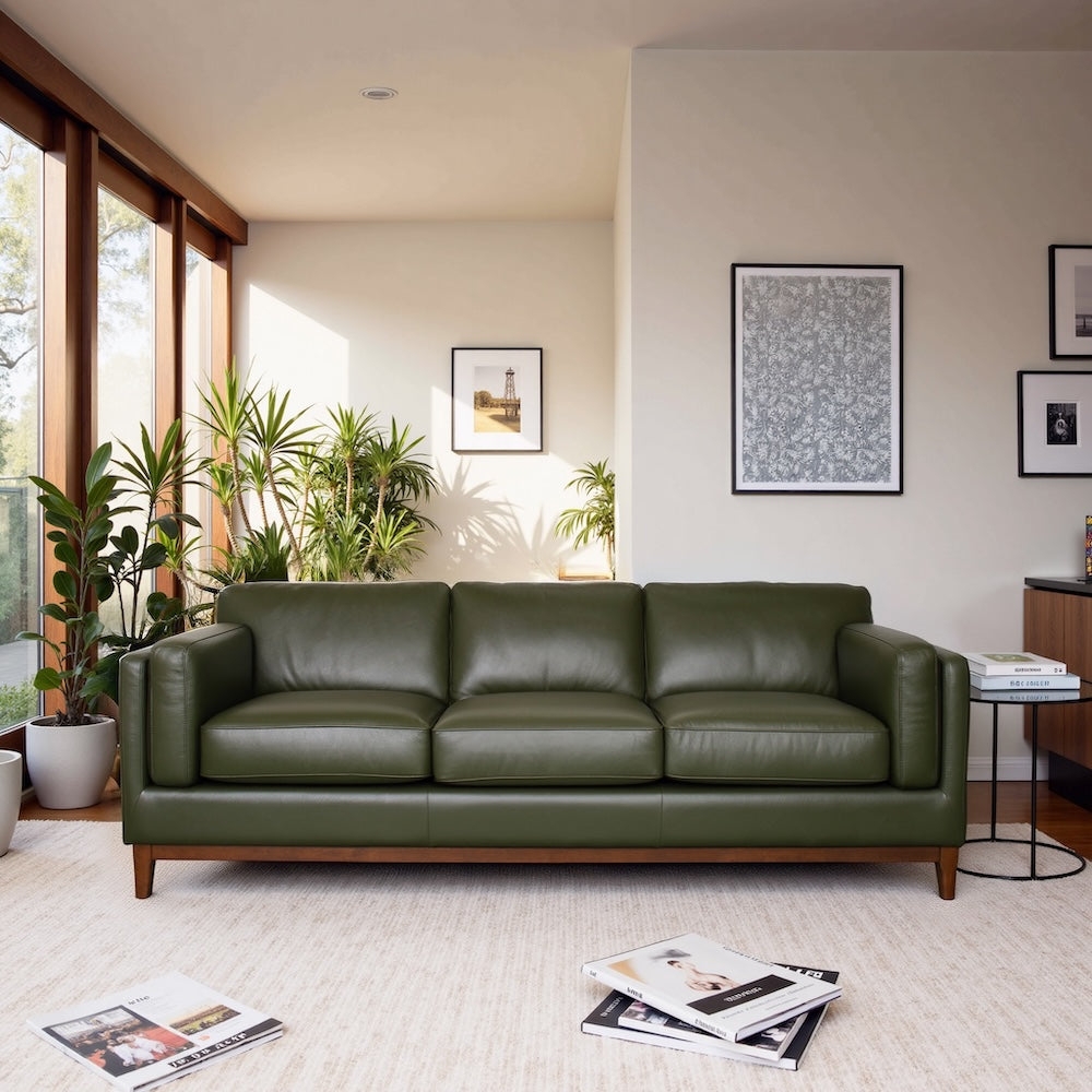 Sofa: Walnut Toned Wood Base and Olive Green Leather