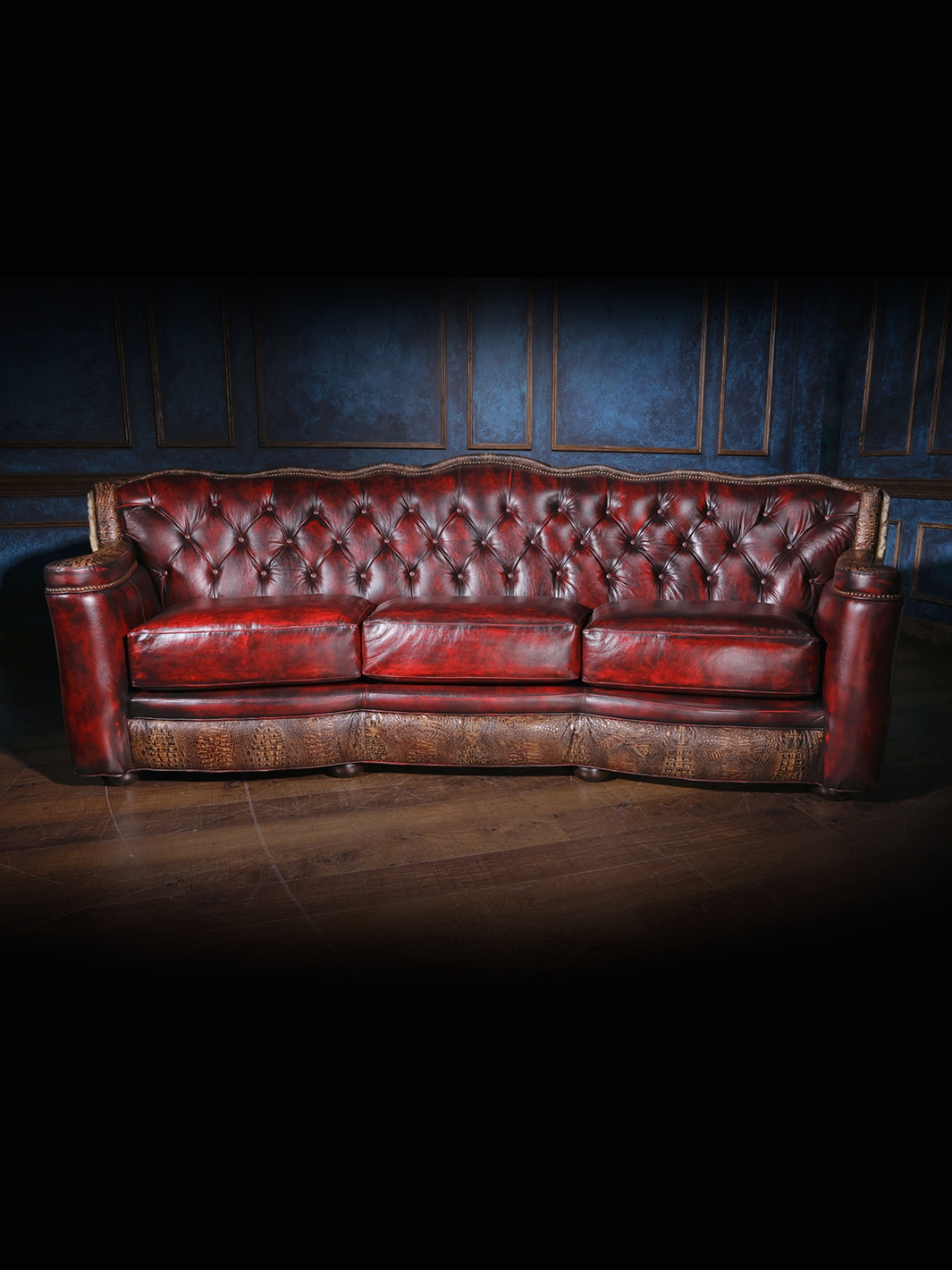 Sofa with Alligator Texture Base and Scalloped Top Rail Detail
