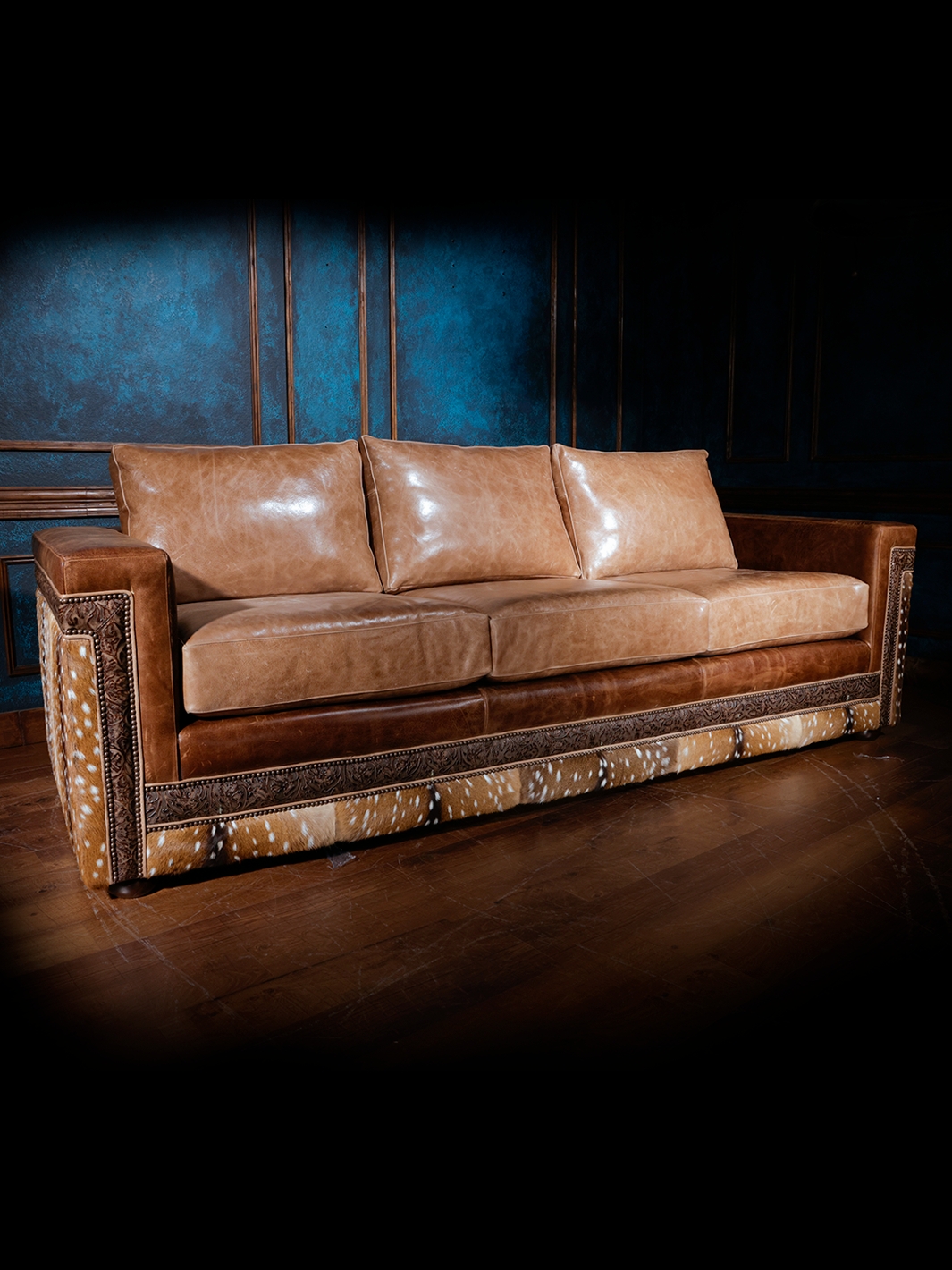 Sofa with Axis Deer Hide and Tooled Leather Accents for Rustic Luxury