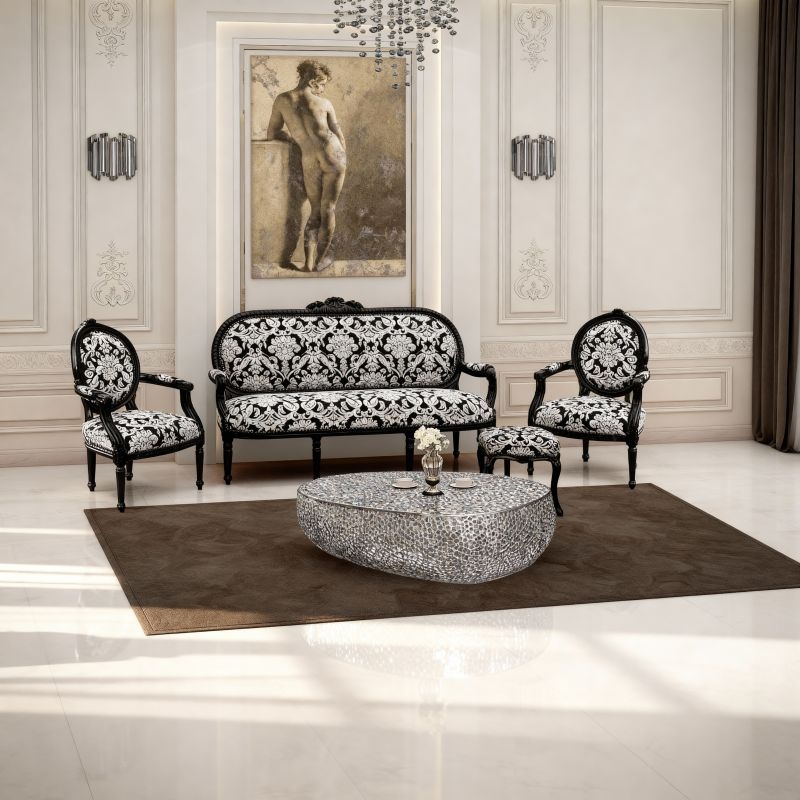 Sofa with Black Floral Fabric and Silver Mosaic Coffee Table
