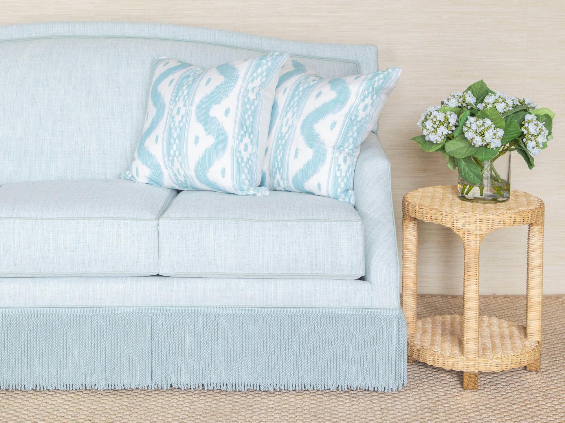 Sofa with Blue Bullion Fringe and coastal living room decor