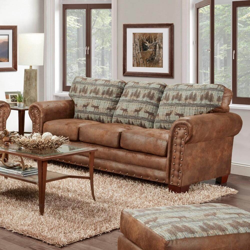 Sofa with Deer Motif Cushions and Rustic Teal Accents