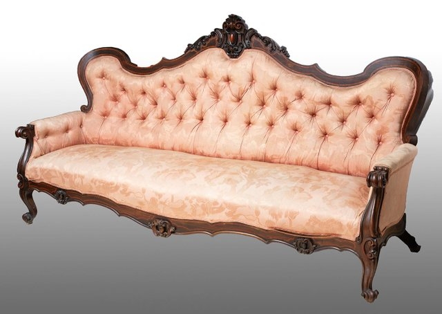 Sofa with Diamond Tufting and Carved Crest in Salmon Pink Damask