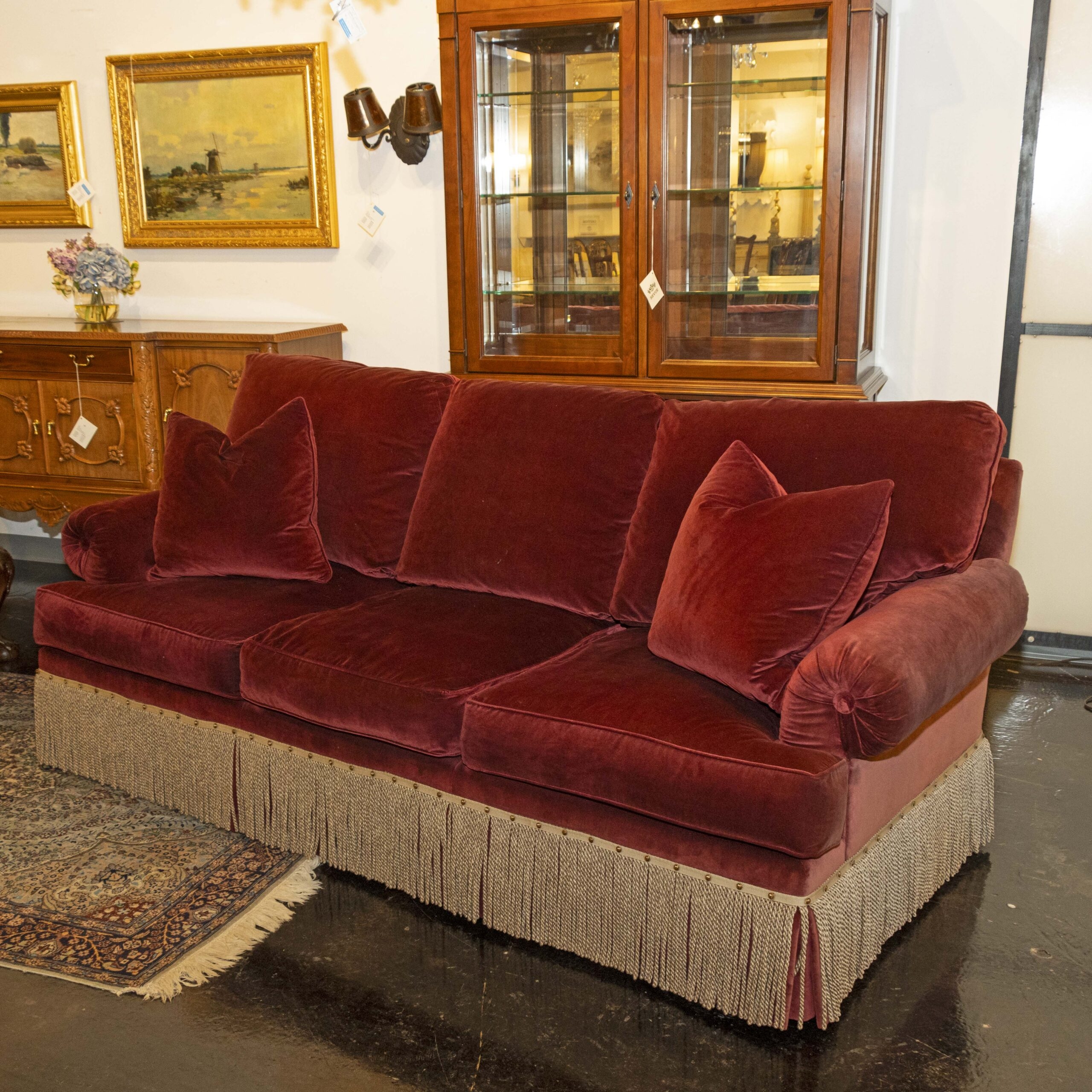 Sofa with Gold Rope Fringe and burgundy velvet sofa