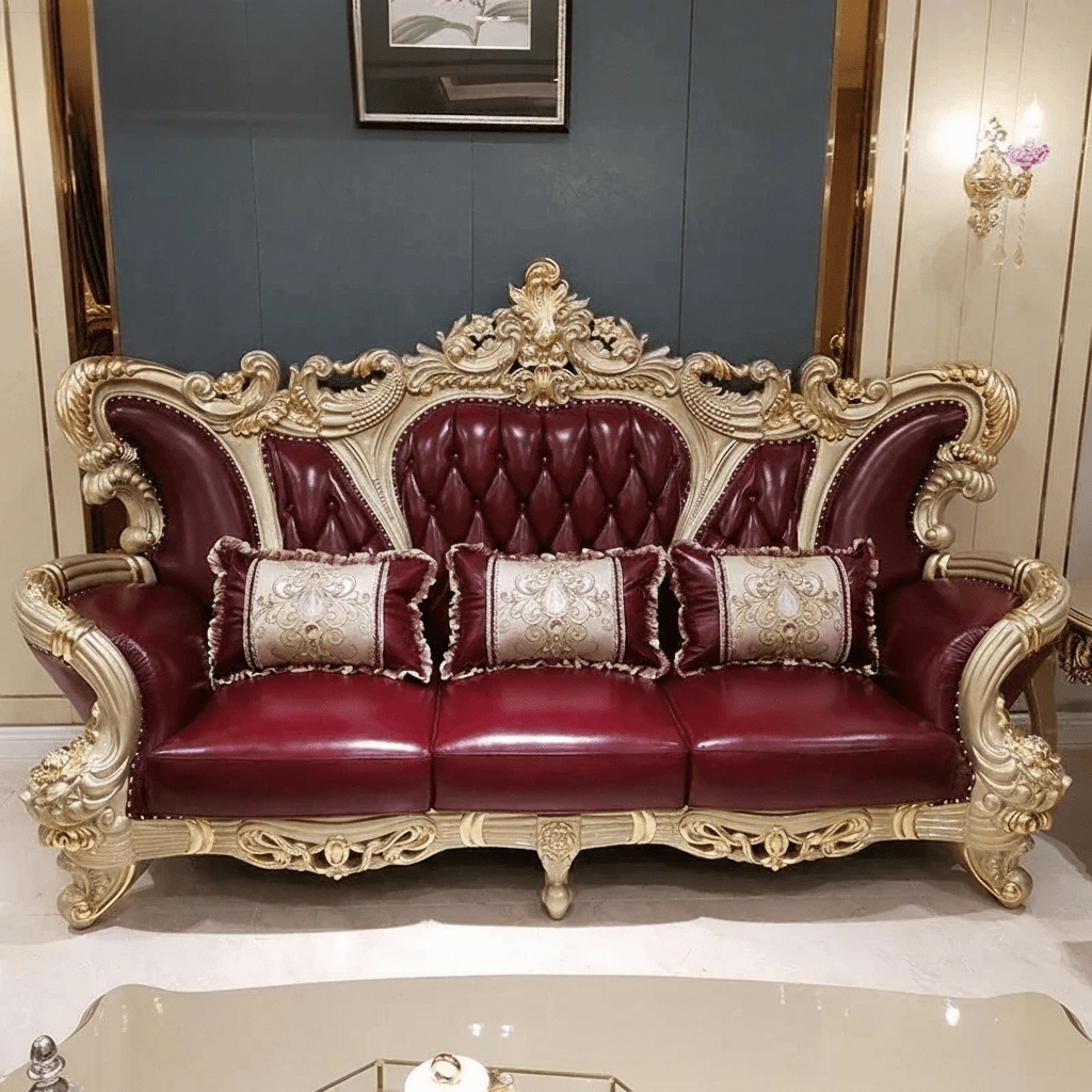Sofa with Ornate Gold Carving and Brick Red Tufted Leather Seating