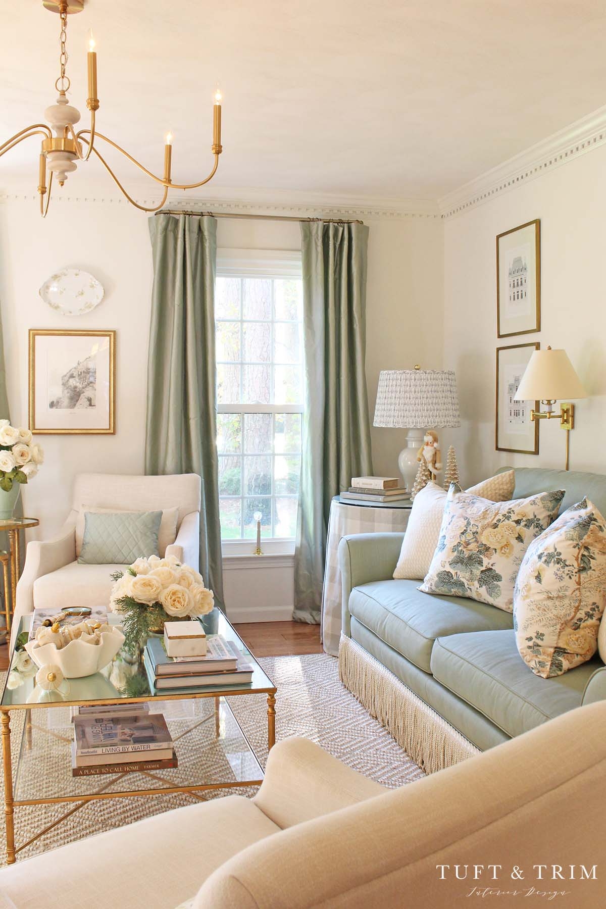 Sofa with Sage Green Skirt and sage green living room