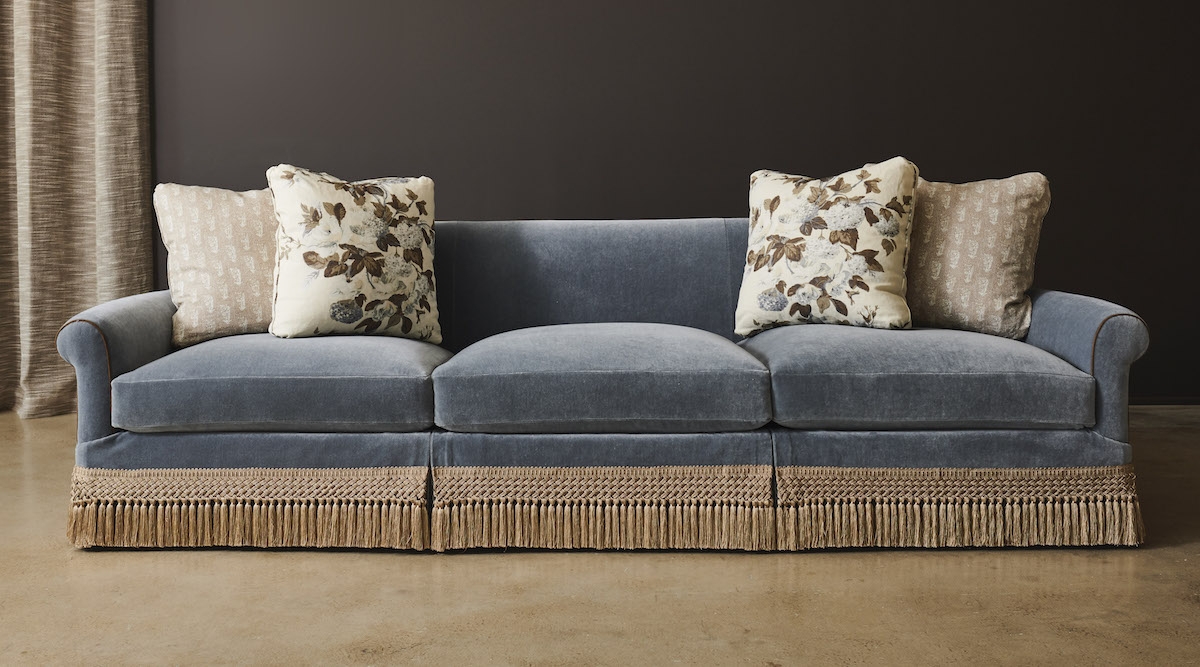 Sofa with Slate Blue Velvet and bullion fringe sofa trim