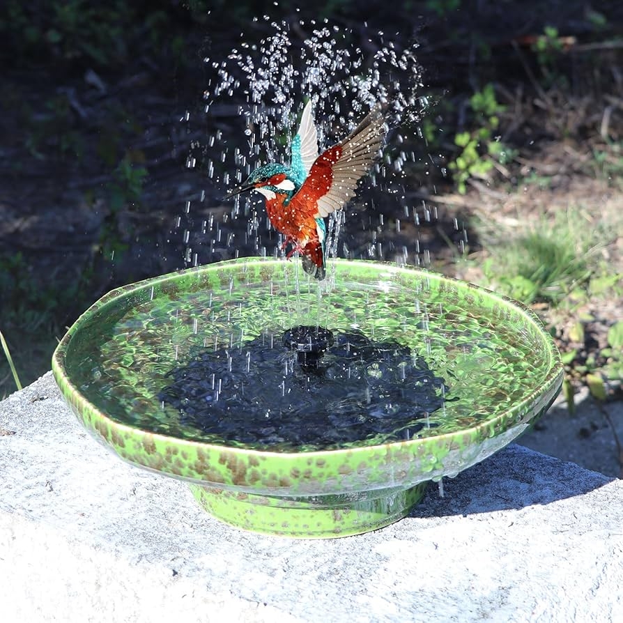 Solar Bird Bath Speckled Green Glaze Kingfisher