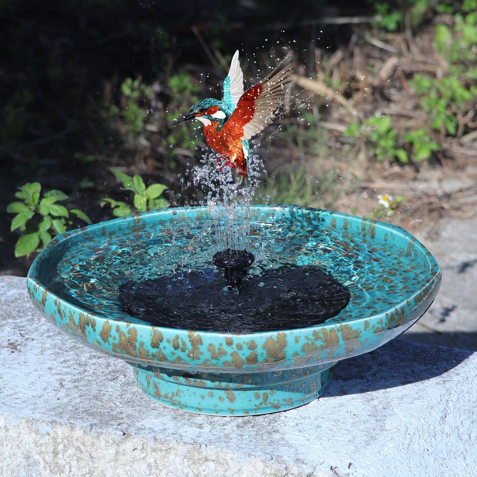 Solar Bird Bath Turquoise Glaze Kingfisher Feature