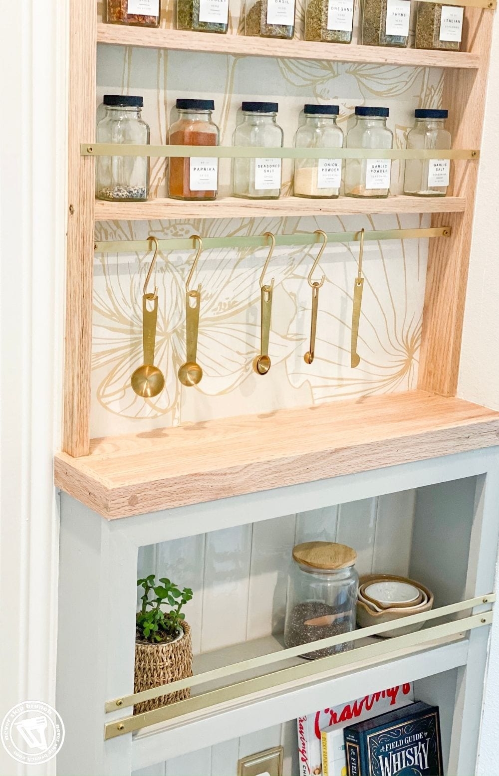 Spice Rack Brass Rails Floral Wallpaper S-Hooks DIY