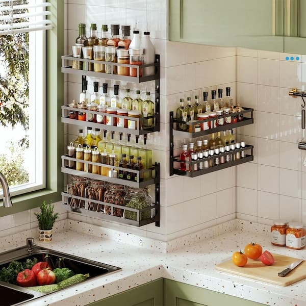 Spice Rack Height Adjustable Matte Black Metal Tiers