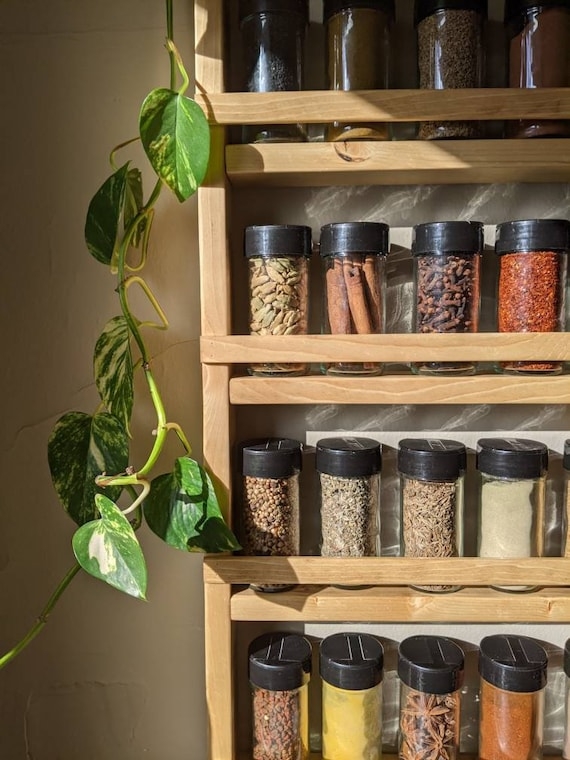 Spice Rack Protective Front Rails Natural Wood Shelf