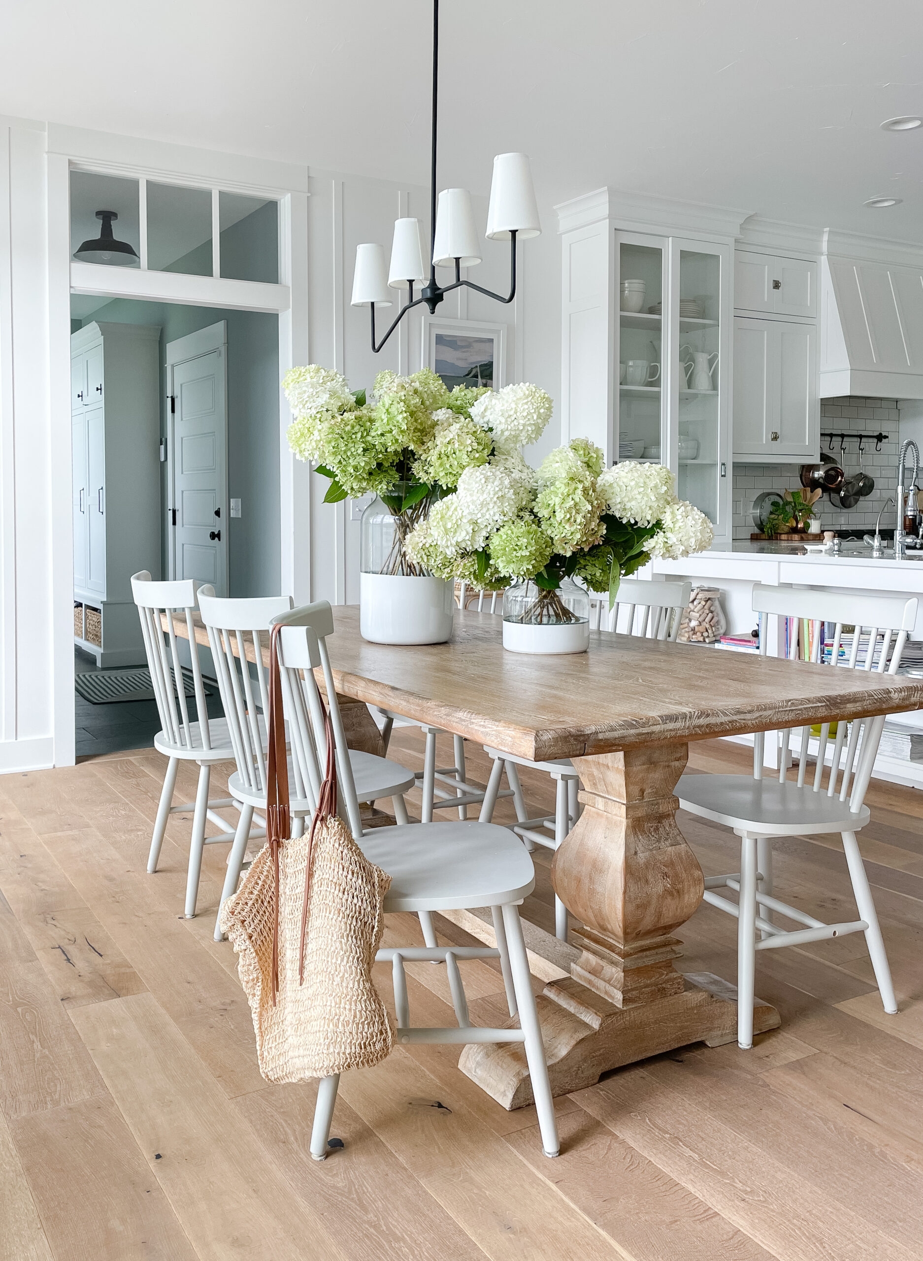 Spindle Back Chair in Soft Grey with Natural Wood Trestle Table