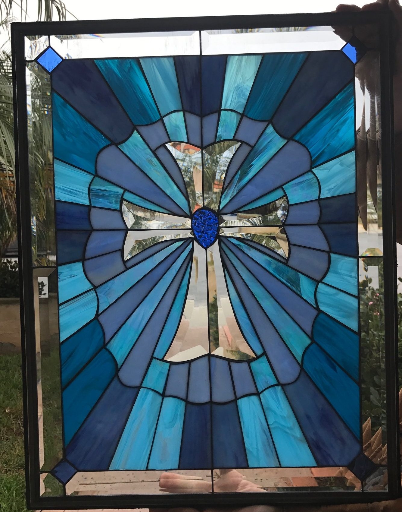 Stained Glass Panel: Blue Sunburst Beveled Cross Art