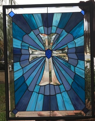 Stained Glass Panel: Blue Sunburst Beveled Cross Art