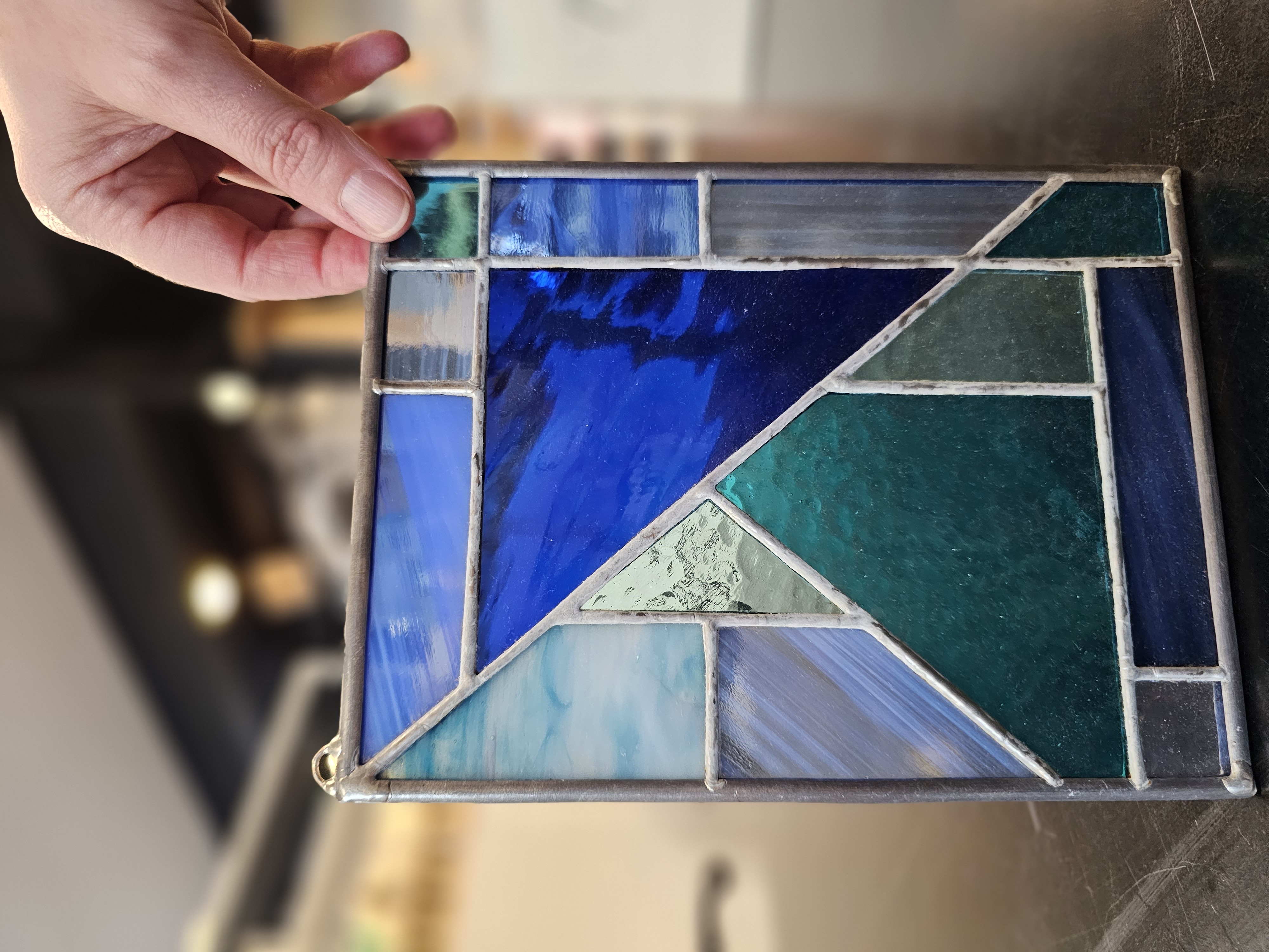 Stained Glass Panel: Geometric Mosaic Shades of Blue