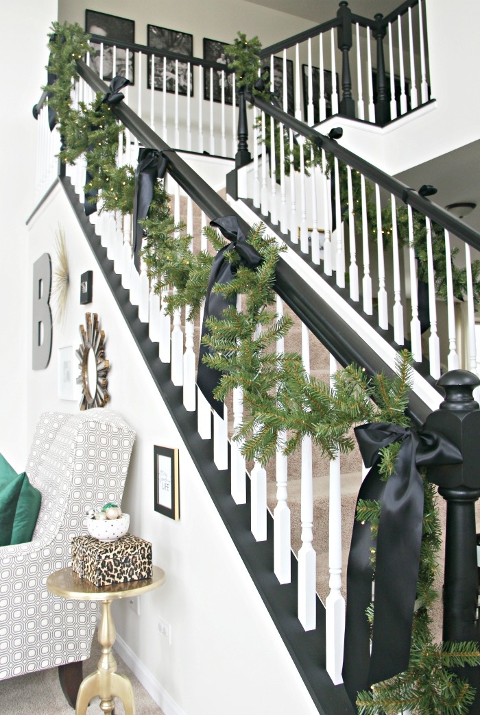 Staircase Decor with Black Satin Bows and Leopard Print Box