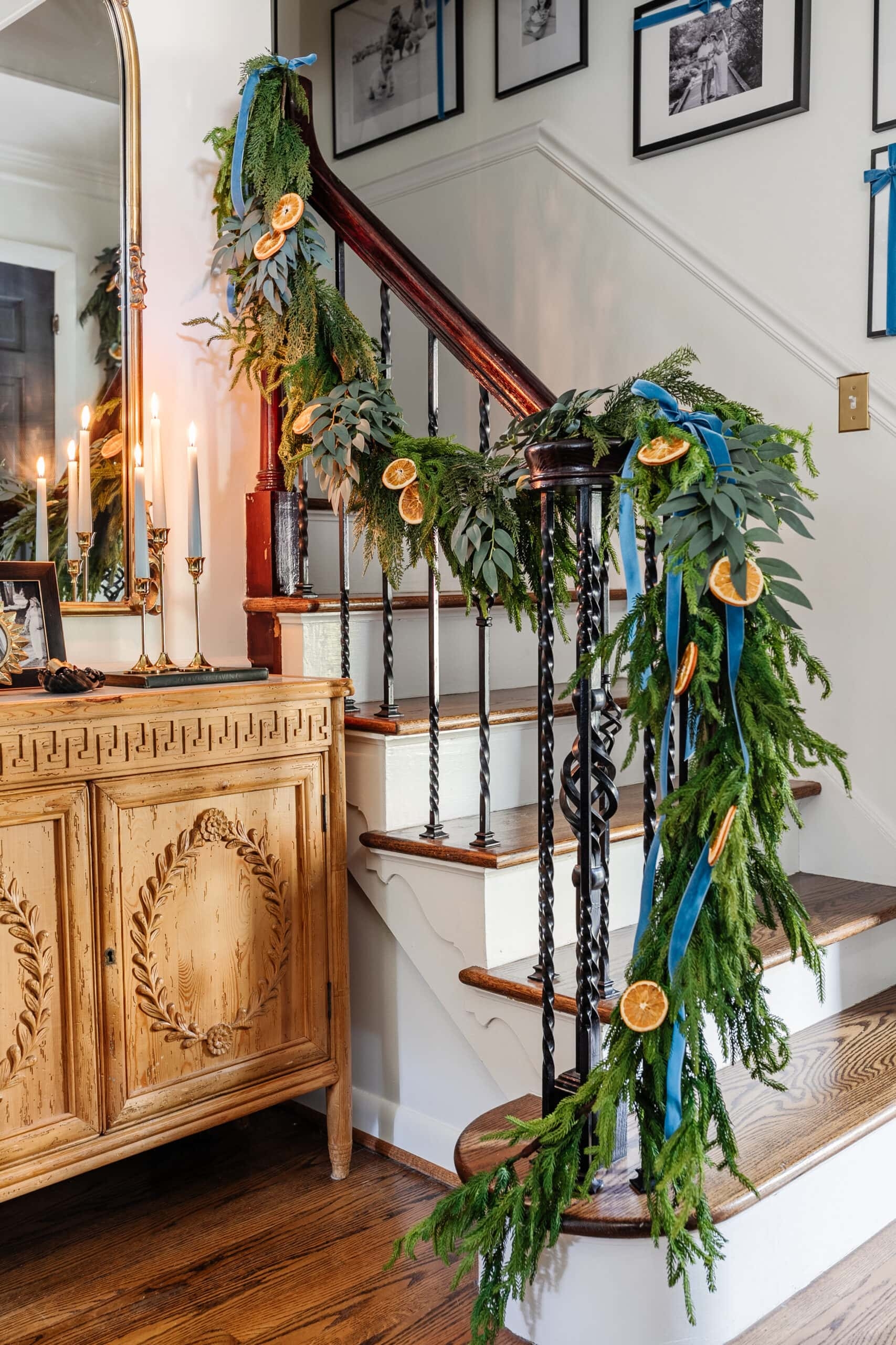 Staircase Garland with Blue Velvet Ribbons and Orange Slices
