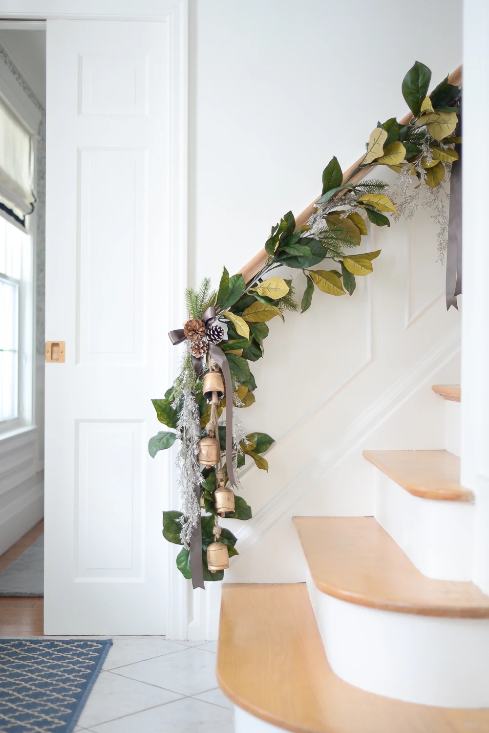Staircase Garland with Magnolia Foliage and Hanging Cowbells