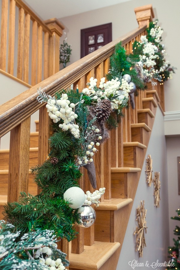 Staircase Garland with White Berry Sprays and Rustic Pinecones