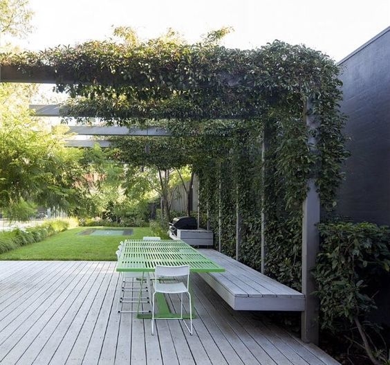 Steel Pergola L-Shaped Frame with Integrated Wood Bench