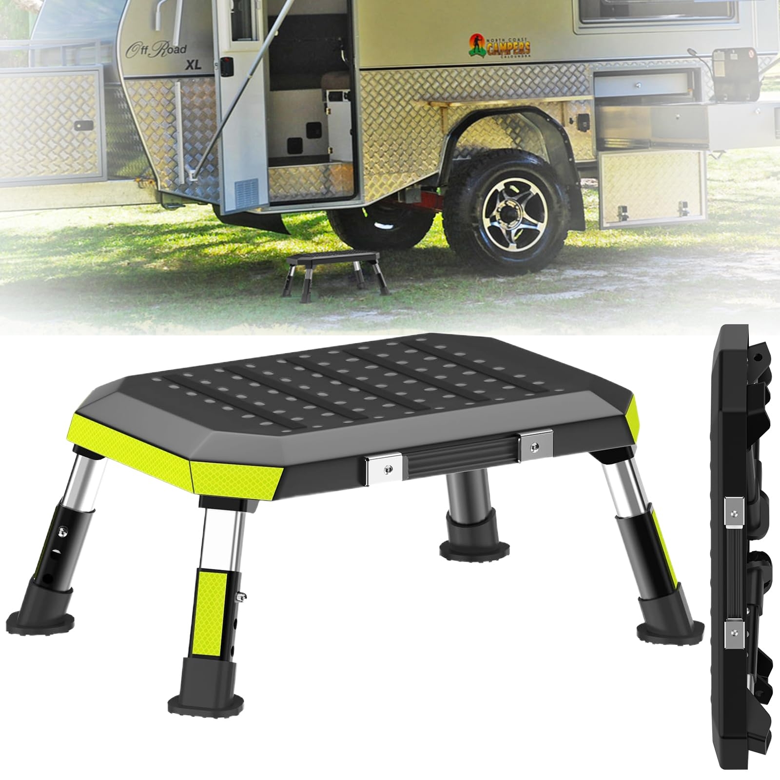 Step Stool: Adjustable Camper Step with High Visibility Glow