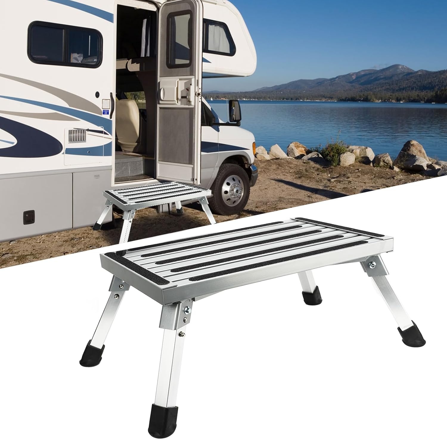 Step Stool: Aluminum RV Step with Adjustable Height Legs