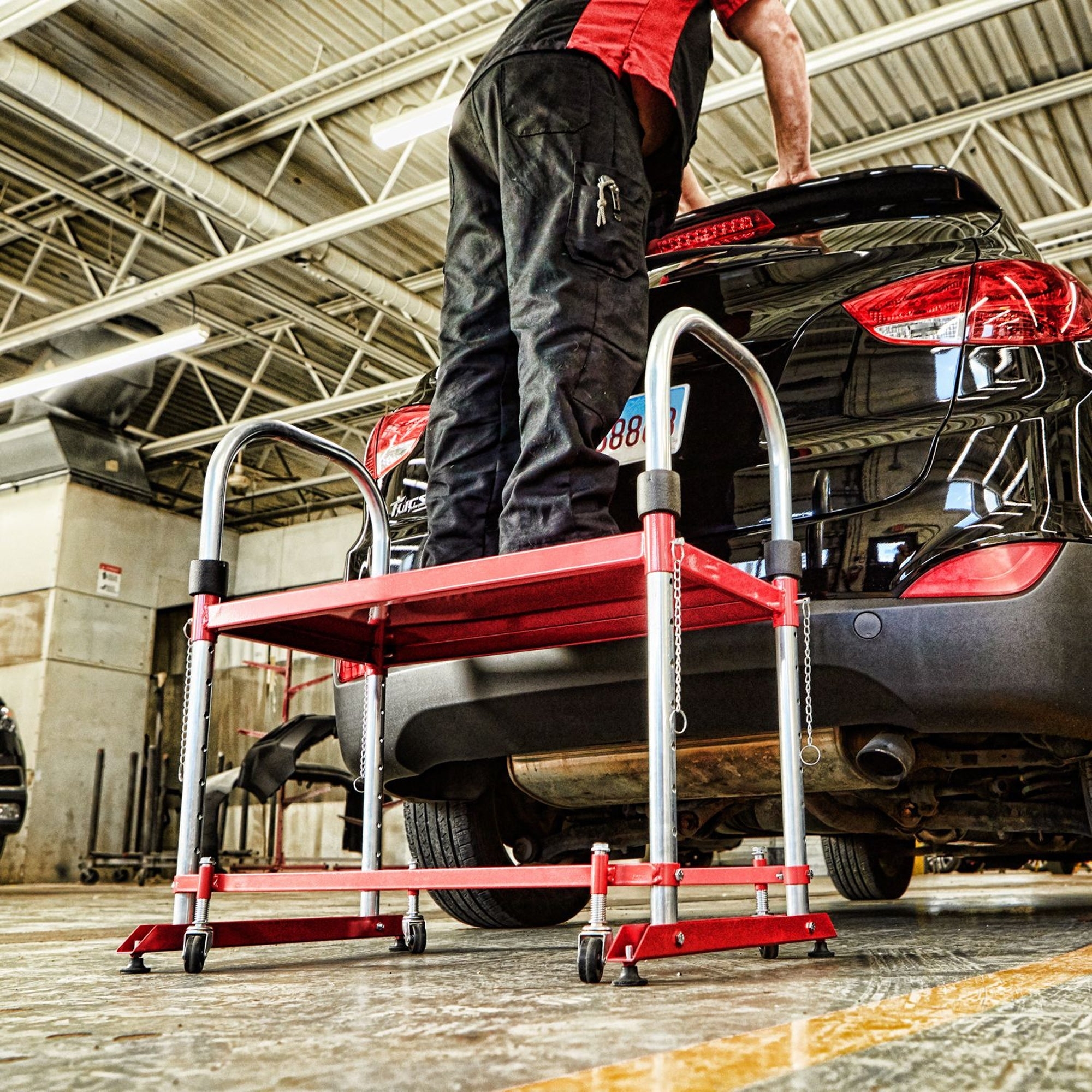 Step Stool: Industrial Red Work Stool with Safety Rails
