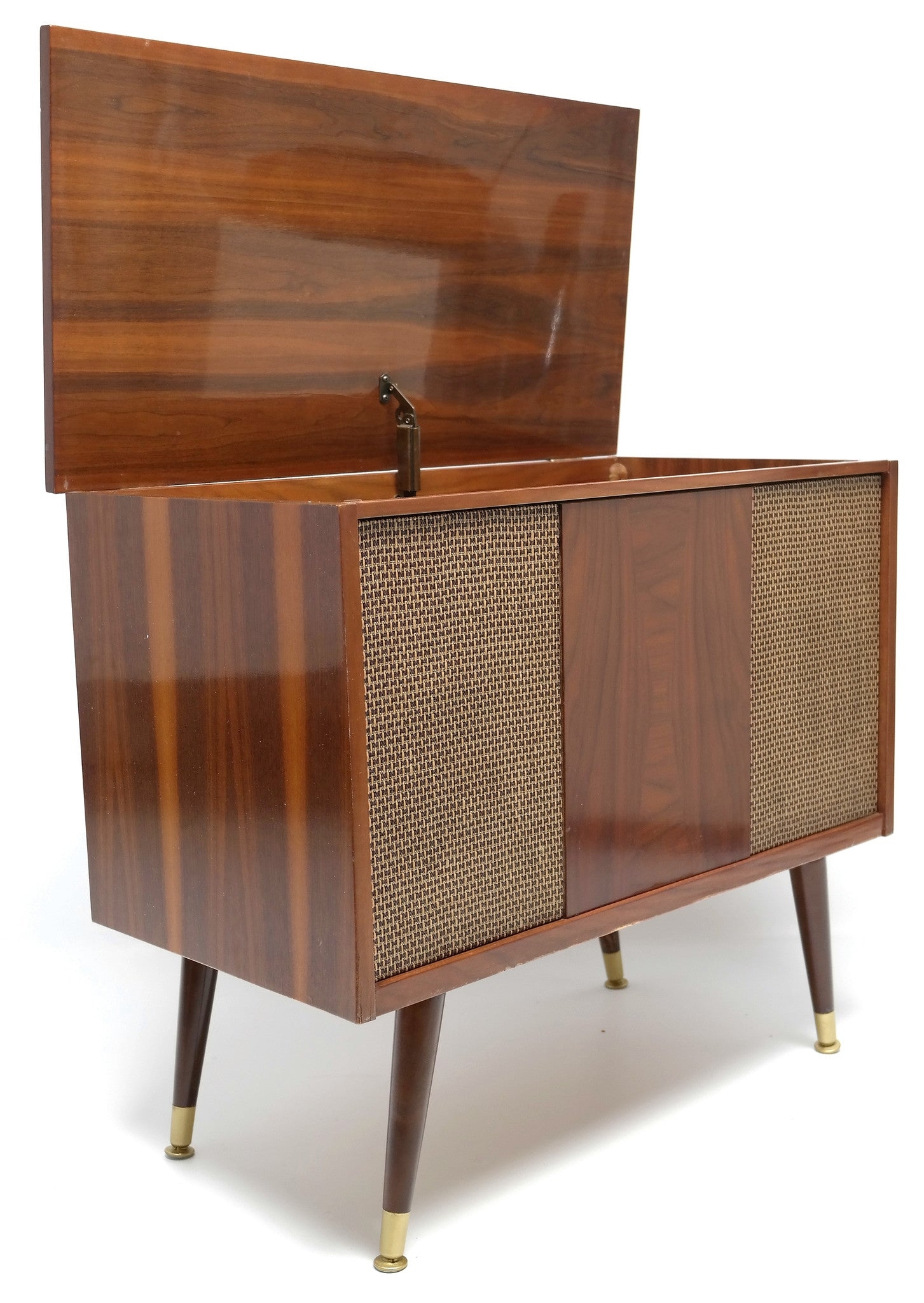 Stereo Console Brass Leg Caps Woven Speaker Grilles