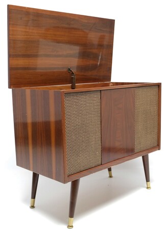Stereo Console Brass Leg Caps Woven Speaker Grilles