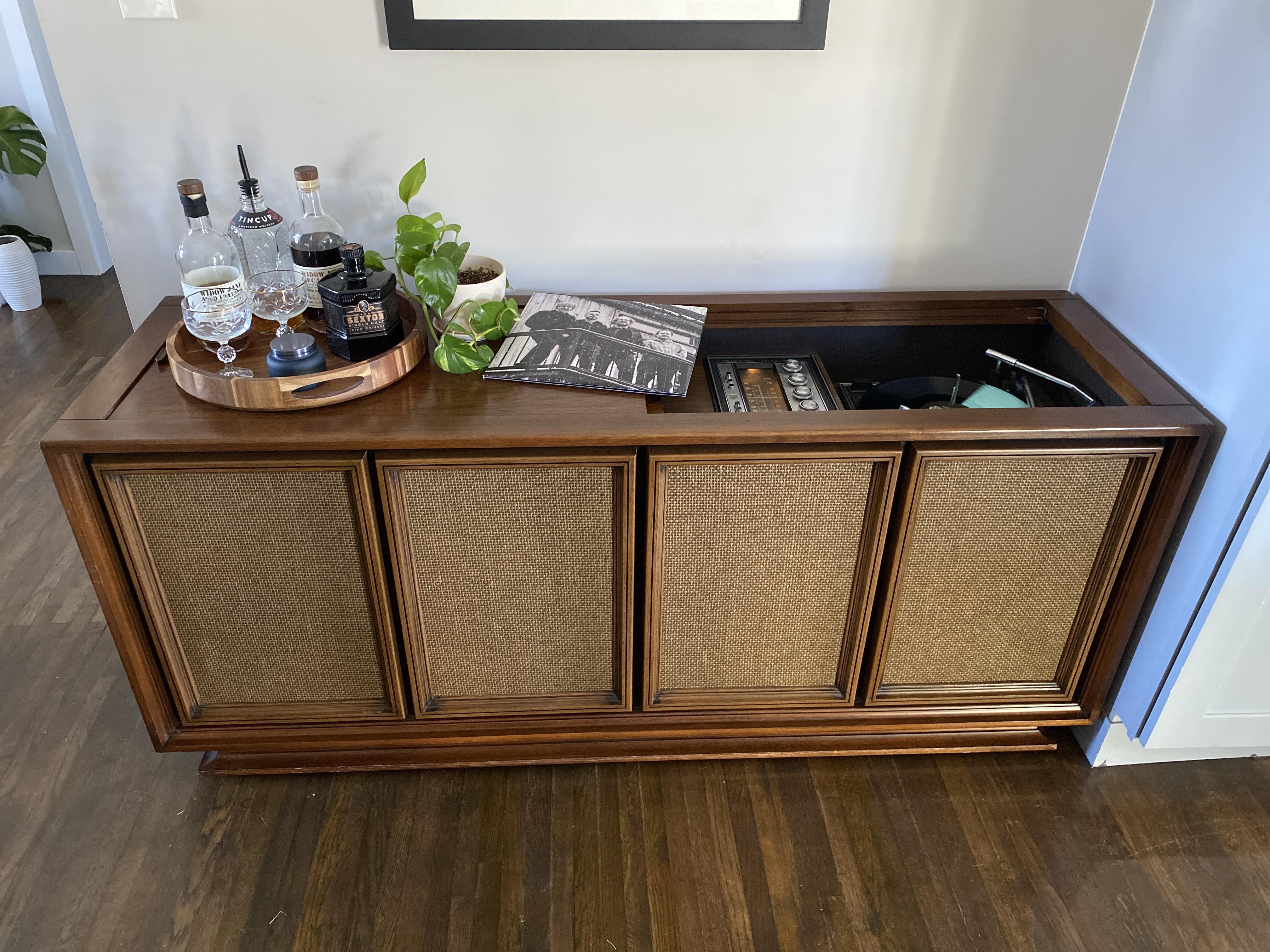 Stereo Console Woven Speaker Panels Walnut Hardware