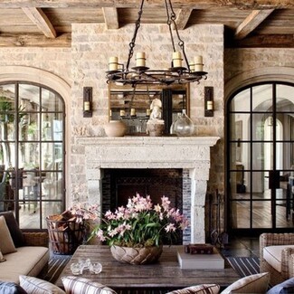 Stone Fireplace Arched Metal Doors Limestone Mantel