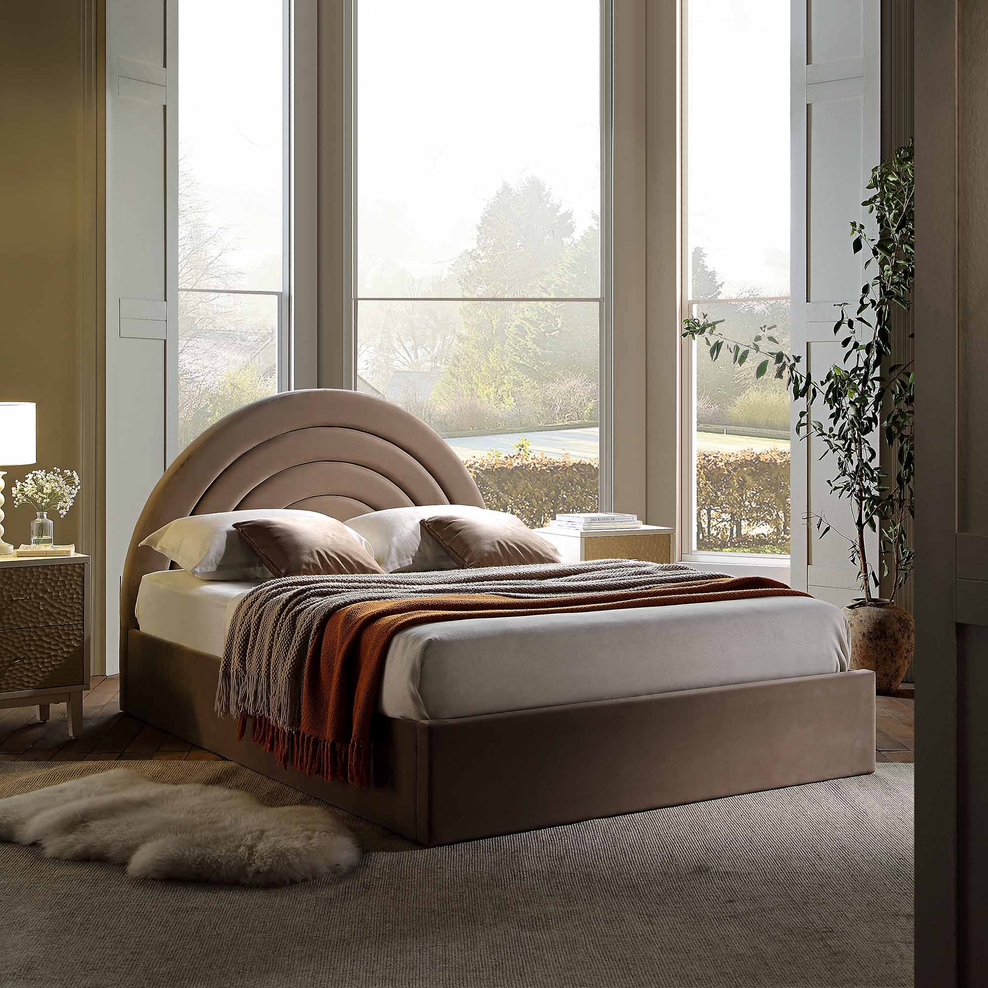 Storage Bed: Arched Mink Velvet Tiered Stitching Design
