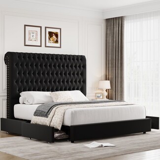 Storage Bed Extra Tall Headboard Black Button Tufted Frame