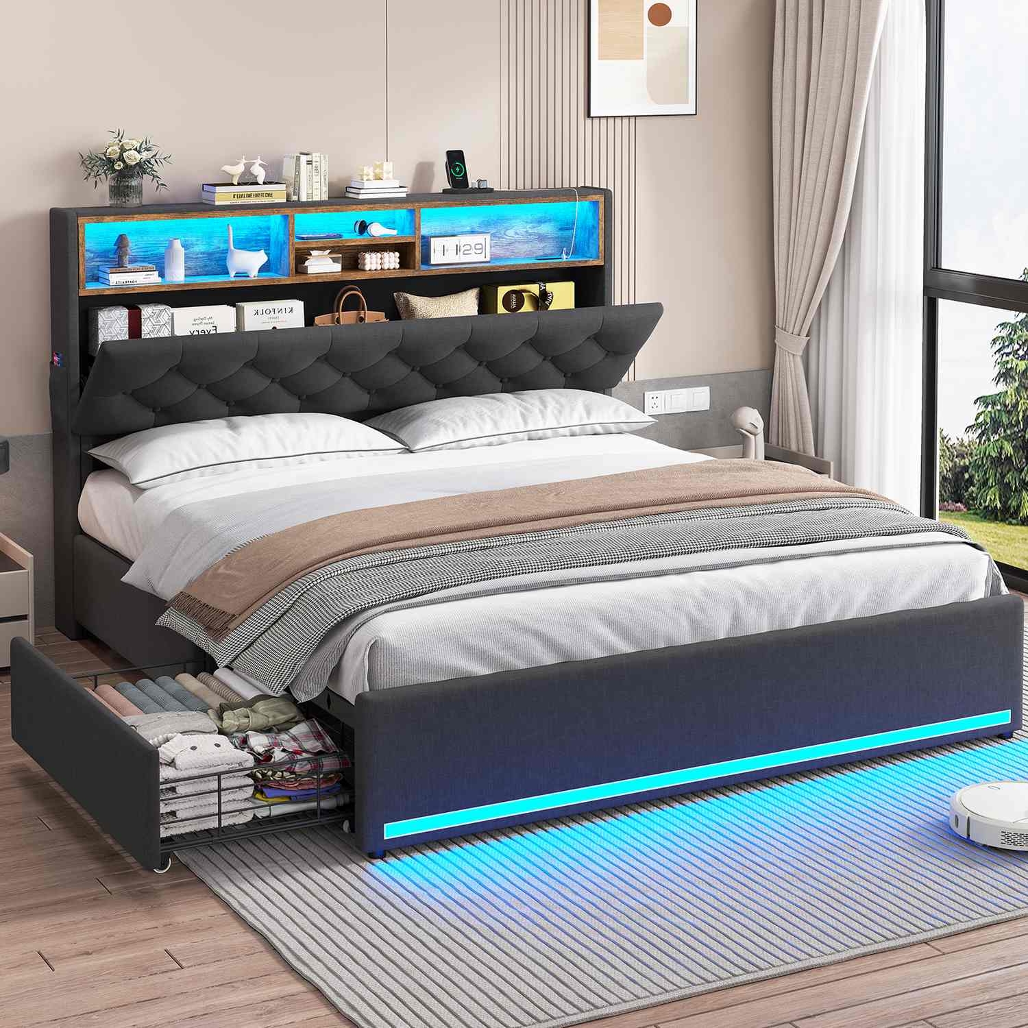 Storage Bed Frame with LED Headboard and Hidden Compartment