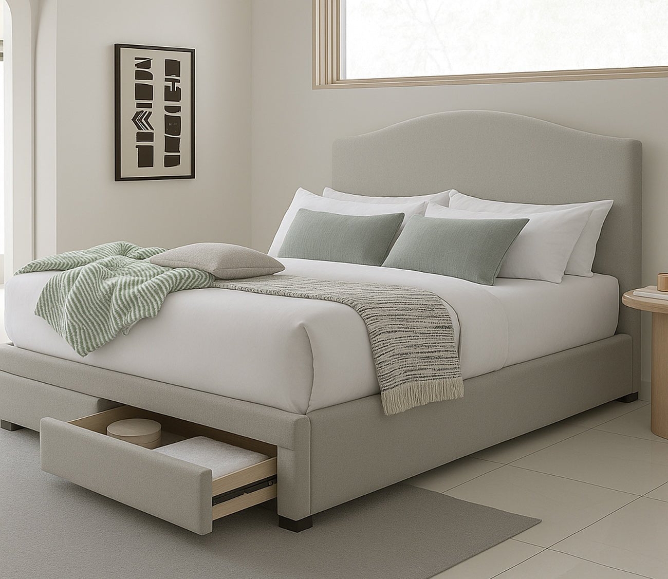 Storage Bed Greige Camel Arch Headboard Underbed Storage