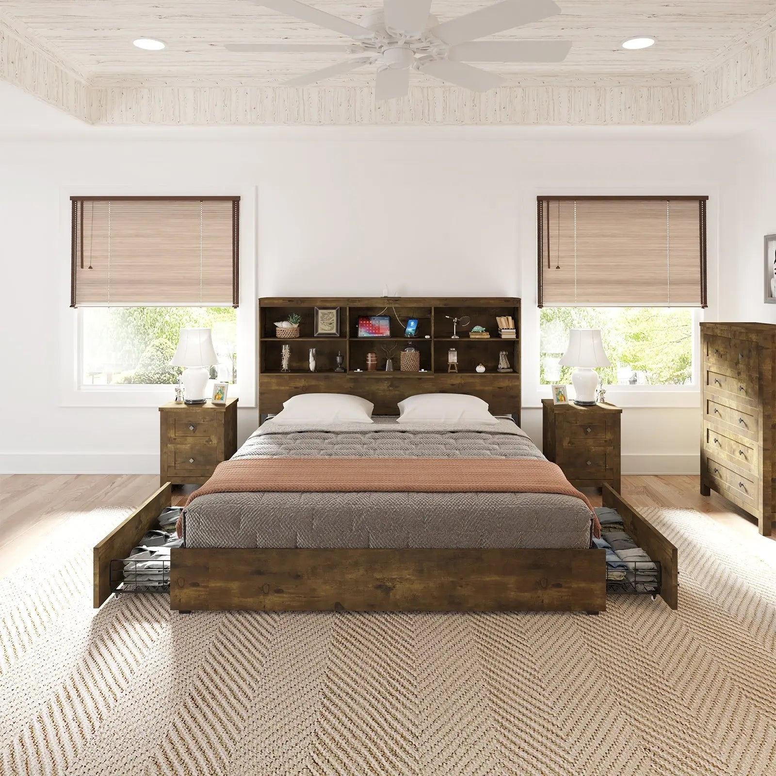Storage Bed: Rustic Ironwood Finish with Wire Basket Drawers