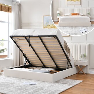 Storage Bed with lift up storage and vertical channel tufting
