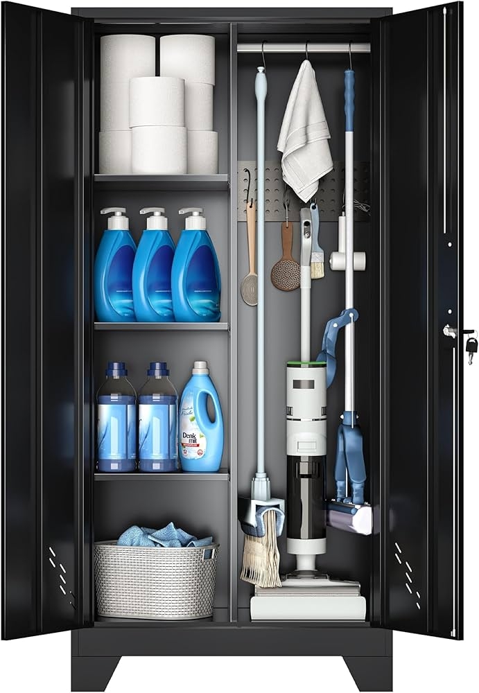 Storage Cabinet Matte Black Metal Pegboard Interior