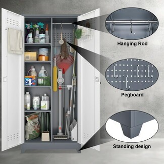 Storage Cabinet Slate Grey Pegboard Vented Doors Unit