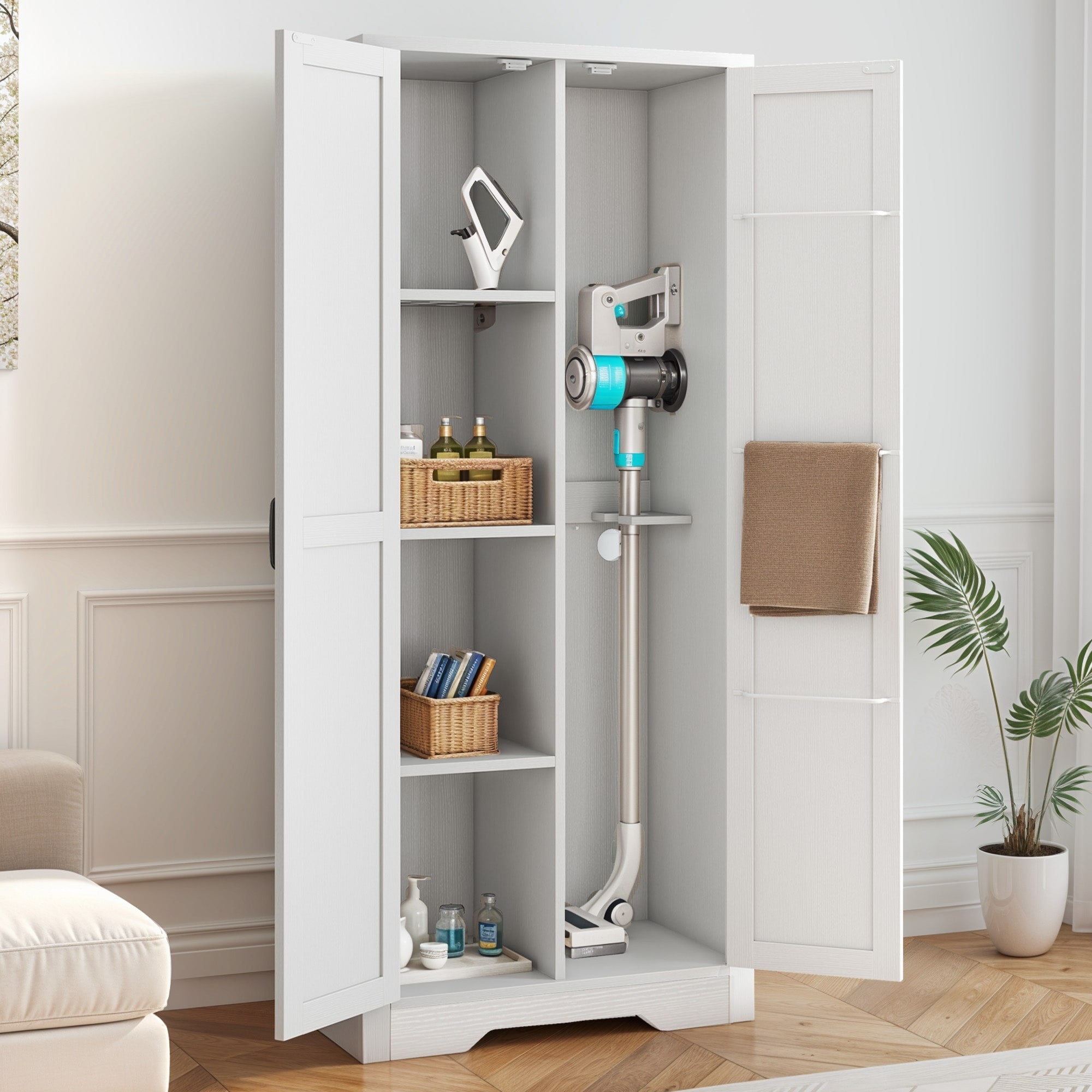 Storage Cabinet Tall Vacuum Niche Towel Rod Doors Unit