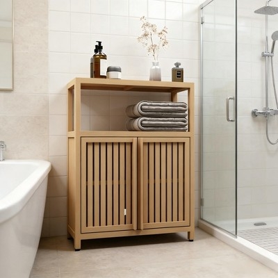 Storage Cabinet with Slatted Doors and Open Linen Shelf