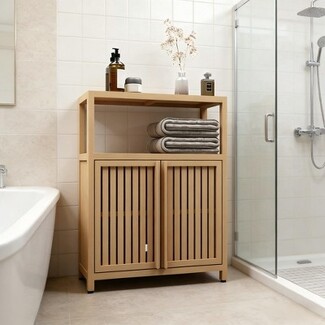Storage Cabinet with Slatted Doors and Open Linen Shelf