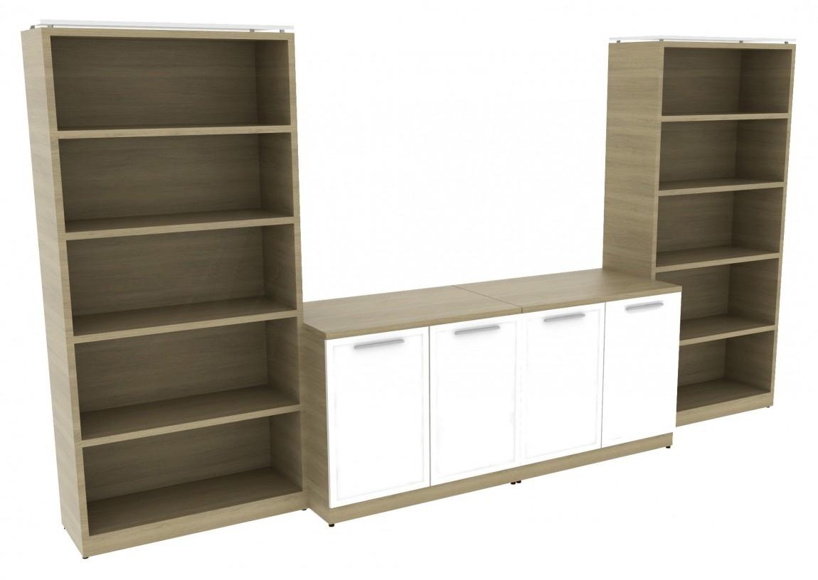 Storage Credenza Bookcase: White and Wood Cabinet with Glass