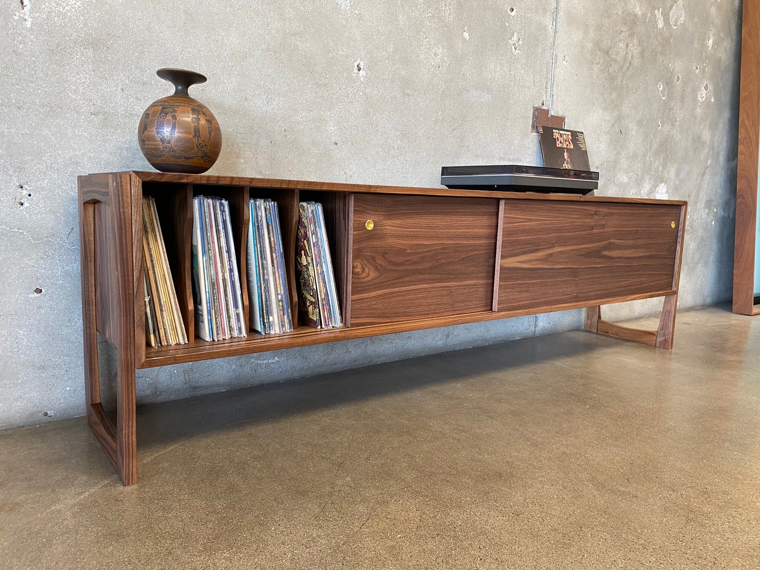 Storage Credenza with Record Dividers and Walnut Sliding Door